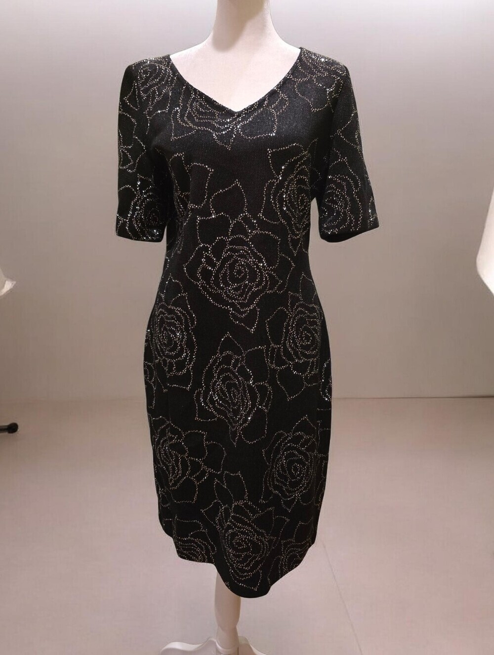 St. John Evening  Black Midi Dress with Metallic Rose Accents